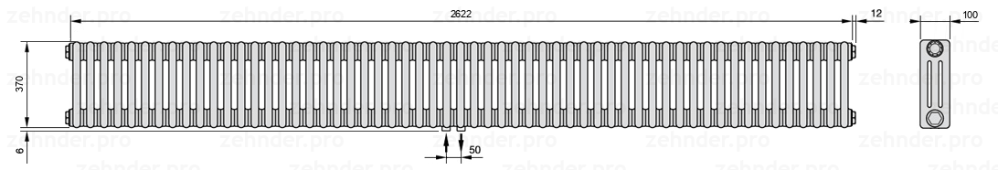 Схема (чертеж) Радиатор Zehnder Charleston 3037/57 №3470 Белый глянцевый RAL 9016